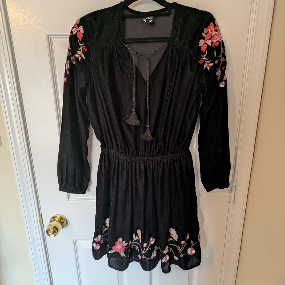 Black Velvet Floral Embroidered Dress